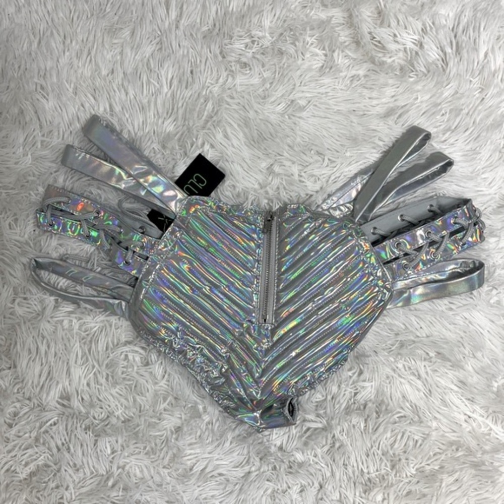 CLUB EXX Rude Awakening Holographic Booty Shorts Rave Bottoms Silver Size XXL - Picture 2 of 9